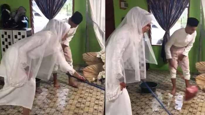 Kompak, Masih Pakai Baju Pengantin, Kedua Mempelai Bersihkan Rumah dari Banjir